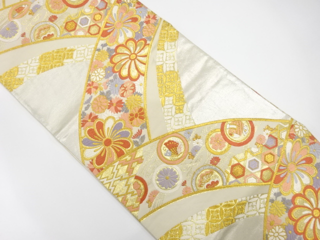 変わり青海波に花模様織り出し　袋帯